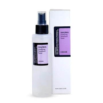 Front view of COSRX AHA/BHA Clarifying Treatment Toner bottle (150ml) with white label and black text, showing the exfoliating toner for pore care and skin brightening