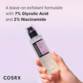 Front-facing product shot of COSRX AHA 7 Whitehead Power Liquid in its 100ml bottle, showcasing the label's key details: '7% Glycolic Acid' and '2% Niacinamide.' The minimalist packaging highlights this leave-on exfoliant formulated to target whiteheads and refine skin texture without irritation