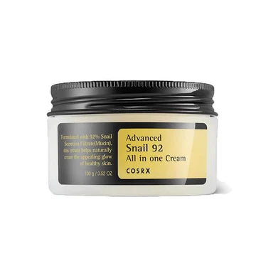 COSRX Advanced Snail 92 All In One Cream jar - a hydrating Korean moisturizer with 92% snail mucin for repair, moisture barrier protection, and dewy glow