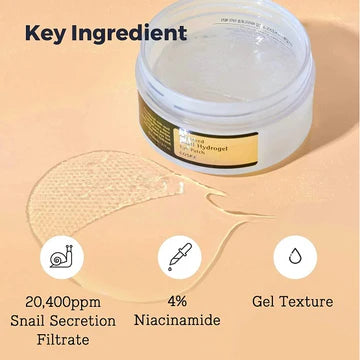 Close-up of COSRX Advanced Snail Hydrogel Eye Patch ingredients including 20,400ppm snail secretion filtrate and 4% niacinamide in gel form