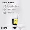 Label of COSRX Advanced Snail Mucin Gel Cleanser highlighting benefits: skin barrier restoration, deep cleansing, and pH-balanced formula