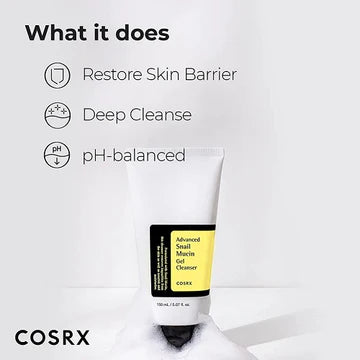 Label of COSRX Advanced Snail Mucin Gel Cleanser highlighting benefits: skin barrier restoration, deep cleansing, and pH-balanced formula