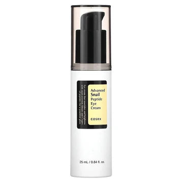 COSRX Advanced Snail Peptide Eye Cream in airless pump packaging - a K-beauty eye treatment with 96% snail mucin and peptides to brighten dark circles, reduce wrinkles, and hydrate delicate under-eye area