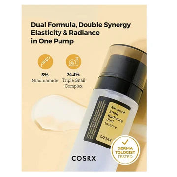 COSRX Advanced Snail Radiance Dual Essence with niacinamide for brightening and elasticity