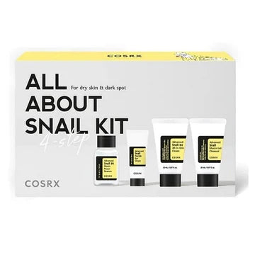 COSRX All About Snail Kit - 4-step skincare set featuring snail mucin products including cleanser, essence, eye cream, and moisturizer for hydration, repair, and anti-aging benefits