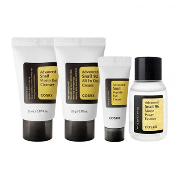 COSRX All About Snail Kit - 4-step skincare set featuring snail mucin products including cleanser, essence, eye cream, and moisturizer for hydration, repair, and anti-aging benefits