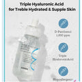 Close-up of COSRX Hydrium Triple Hyaluronic Moisture Ampoule 40ml bottle highlighting triple hyaluronic acid complex and 1,000ppm D-Panthenol for deep hydration