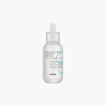 Front packaging of COSRX Hydrium Triple Hyaluronic Moisture Ampoule 40ml bottle, showcasing 'Triple Hyaluronic Acid' claim and 1,000ppm D-Panthenol concentration for deep hydration, with hypoallergenic certification displayed
