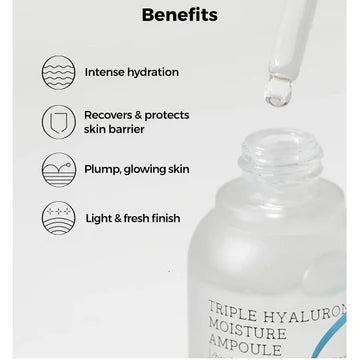 Label of COSRX Hydrium Triple Hyaluronic Moisture Ampoule listing benefits: intense hydration, barrier protection, plumping effect, and lightweight finish
