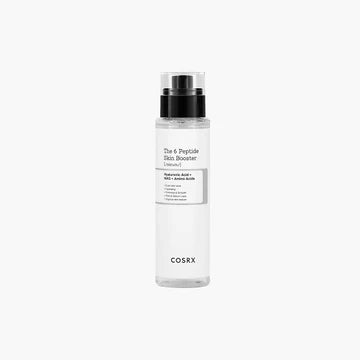 Front view of COSRX The 6 Peptide Skin Booster Serum 150ml bottle showing minimalist white packaging with black text highlighting its first-step booster function in skincare routines