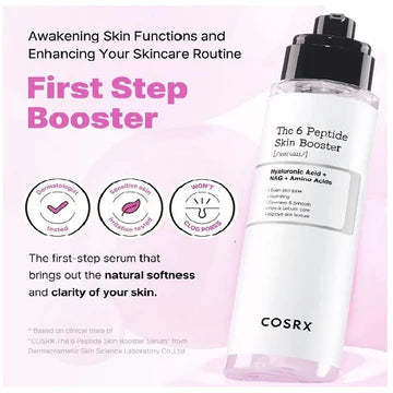COSRX The 6 Peptide Skin Booster Serum 150ml bottle with text describing its first-step booster function to enhance skin softness and clarity, based on clinical trials