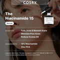 COSRX The Niacinamide 15 Serum 20ml bottle, featuring 15% niacinamide formula for fading acne scars, minimizing pores, and reducing excess oil