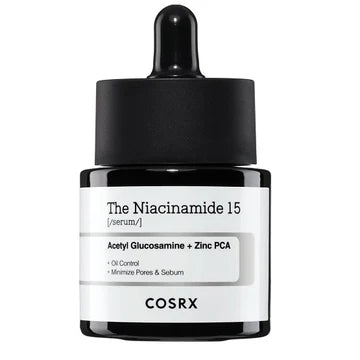 Close-up of COSRX Niacinamide 15 Serum highlighting active ingredients: 15% niacinamide, acetyl glucosamine, and zinc PCA