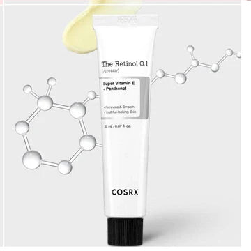 COSRX Retinol 0.1 Cream product packaging shot showing the brand logo and product name, a gentle anti-aging facial cream containing 0.1% retinol in a 20ML tube