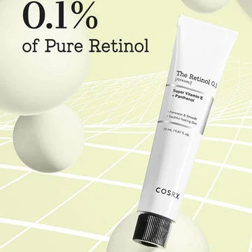 COSRX Retinol 0.1 Cream product packaging shot showing the brand logo and product name, a gentle anti-aging facial cream containing 0.1% retinol in a 20ML tube