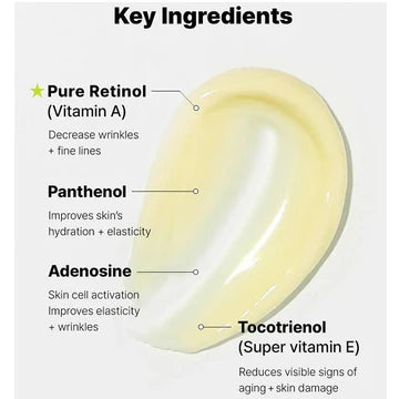 Infographic showing key ingredients in COSRX Retinol 0.1 Cream: Pure Retinol (Vitamin A) for wrinkle reduction, Panthenol for hydration, Adenosine for elasticity, and Tocotrienol (Super Vitamin E) for anti-aging benefits. Lists skincare benefits including decreased fine lines and improved skin texture