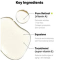 Ingredient benefits of COSRX Retinol 0.5 Oil: Pure Retinol (reduces wrinkles, boosts collagen), Squalane (skin protection), and Tocotrienol Vitamin E (anti-aging). Highlighted skincare science for anti-aging treatment