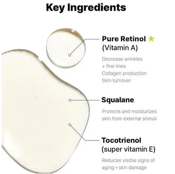 Ingredient benefits of COSRX Retinol 0.5 Oil: Pure Retinol (reduces wrinkles, boosts collagen), Squalane (skin protection), and Tocotrienol Vitamin E (anti-aging). Highlighted skincare science for anti-aging treatment