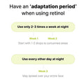 Infographic showing 3-week retinol adaptation plan for COSRX The Retinol 0.5 Oil: Week 1 - use 1-2 drops on targeted areas 2-3 nights weekly; Week 2 - apply every other night; Week 3 - full face application. Safety instructions for retinol beginners
