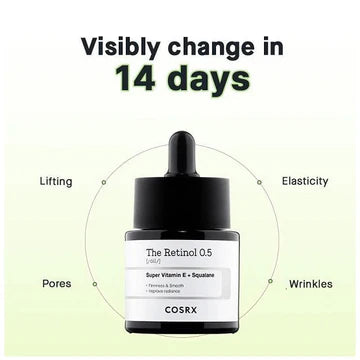COSRX Retinol 0.5 Oil bottle with label highlighting active ingredients: 0.5% pure retinol (Vitamin A), Super Vitamin E complex, and squalane for advanced anti-aging and skin nourishment