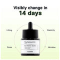 Clinical results timeline for COSRX 0.5% Retinol Oil showing visible improvements in 14 days: reduced wrinkles, improved elasticity, and lifting effect. Product packaging with temperature-stable retinol formula