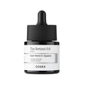 COSRX Retinol 0.5 Oil bottle with label highlighting active ingredients: 0.5% pure retinol (Vitamin A), Super Vitamin E complex, and squalane for advanced anti-aging and skin nourishment