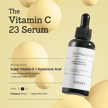 COSRX The Vitamin C 23 Serum bottle with label highlighting key ingredients: 23% Pure Vitamin C, Super Vitamin E, and Hyaluronic Acid for brightening and hydration
