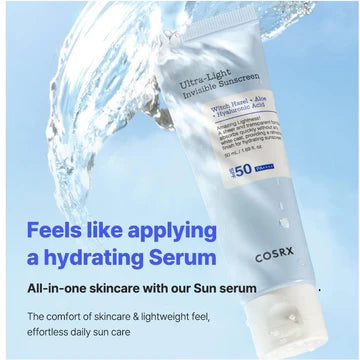 COSRX Ultra-Light Invisible Sunscreen SPF50 PA++++ bottle - a lightweight Korean sunscreen with broad-spectrum UV protection, no white cast, and hydrating formula for sensitive skin