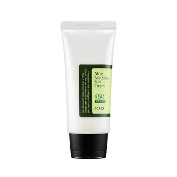 COSRX Aloe Soothing Sun Cream SPF 50 PA+++ in a white squeeze tube with black cap and green labe