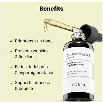 Text listing benefits of COSRX The Vitamin C 23 Serum: Brightens skin tone, prevents wrinkles and fine lines, fades dark spots and hyperpigmentation, and supports skin firmness