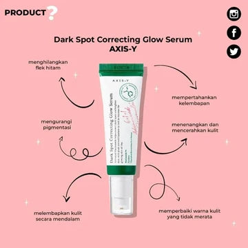 Close-up of AXIS-Y Dark Spot Correcting Glow Serum packaging showing product name in English and multiple Asian languages. The label emphasizes the serum's brightening properties and ability to improve uneven pigmentation and skin tone