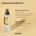 Product information card for COSRX Snail Mucin Essence and AXIS-Y Dark Spot Serum, listing recommended uses for: dull skin, hyperpigmentation, acne scars, rough texture, and dehydration. Text highlights benefits like skin revitalization and achieving plump, healthy skin with this K-beauty duo.