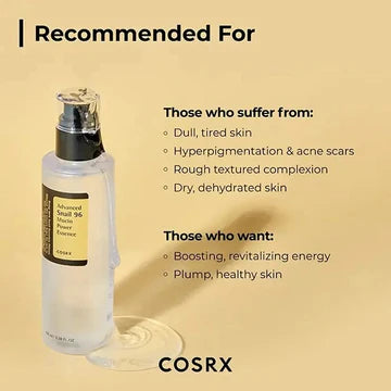 Product information card for COSRX Snail Mucin Essence and AXIS-Y Dark Spot Serum, listing recommended uses for: dull skin, hyperpigmentation, acne scars, rough texture, and dehydration. Text highlights benefits like skin revitalization and achieving plump, healthy skin with this K-beauty duo.