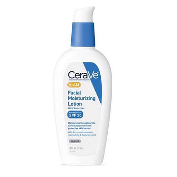 CeraVe AM Facial Moisturizing Lotion with SPF 30, a white and blue bottle, displayed on a clean surface showing label details