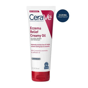 CeraVe Eczema Relief Creamy Oil bottle with clean white and blue labeling, placed on a minimal background.