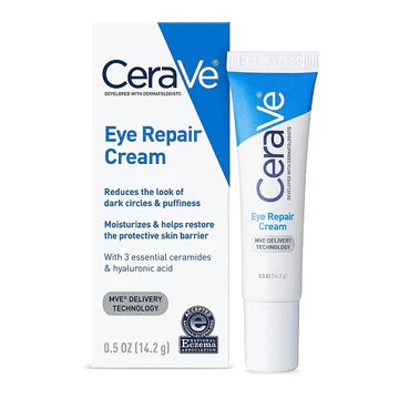 CeraVe Eye Repair Cream tube placed on a minimal skincare setup, highlighting its gentle, dermatologist-developed formula for under-eye care.