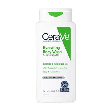 Bottle of CeraVe Hydrating Body Wash placed on a clean white towel beside natural bath accessories

