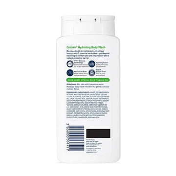 Bottle of CeraVe Hydrating Body Wash placed on a clean white towel beside natural bath accessories

