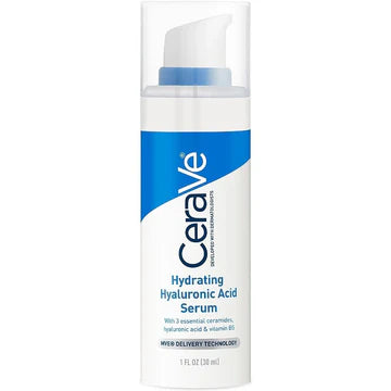 Close-up of CeraVe Hydrating Hyaluronic Acid Face Serum in a white and blue pump bottle, highlighting its lightweight, gel-cream formula for deep hydration.
