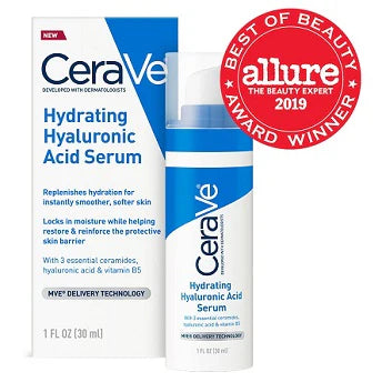 Close-up of CeraVe Hydrating Hyaluronic Acid Face Serum in a white and blue pump bottle, highlighting its lightweight, gel-cream formula for deep hydration.