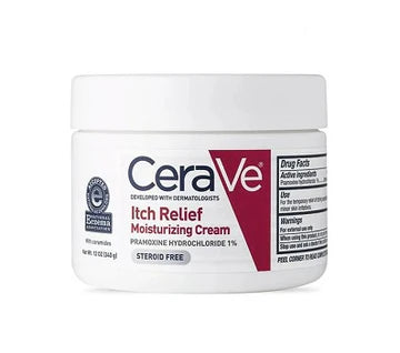 Moisturizing cream tube labeled 'Itch Relief', placed on a clean, white background with visible ingredients and dermatologist-approved tags.