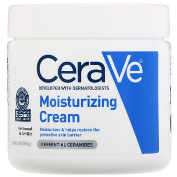 CeraVe Moisturizing Cream jar with a white and blue design, placed on a clean surface with visible details of the label.