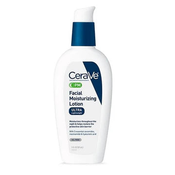 CeraVe PM Facial Moisturizing Lotion bottle placed on a nightstand next to a lamp and a glass of water, representing nighttime skincare