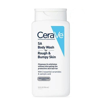 CeraVe SA Body Wash for Rough & Bumpy Skin bottle placed on a clean bathroom counter, showcasing its gentle exfoliating formula for dry, textured skin.