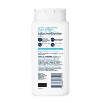 CeraVe SA Body Wash for Rough & Bumpy Skin bottle placed on a clean bathroom counter, showcasing its gentle exfoliating formula for dry, textured skin.