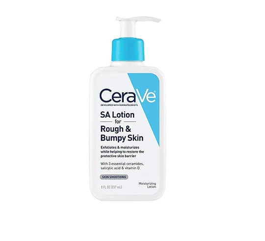 CeraVe Renewing SA Lotion bottle placed on a soft neutral background, highlighting its lightweight formula for smoothing rough, dry, and bumpy skin.