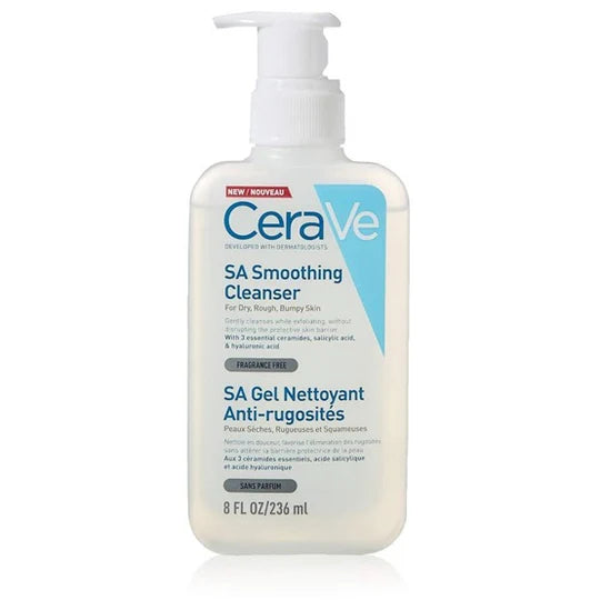 CeraVe SA Smoothing Cleanser bottle standing upright against a clean white background, highlighting its gentle exfoliating and hydrating skincare formula.