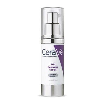 Close-up of CeraVe Skin Renewing Gel Oil bottle on a clean bathroom shelf with a natural light backdrop.