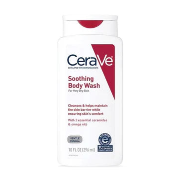CeraVe Soothing Body Wash bottle placed neatly beside natural skincare essentials and a soft cotton towel

