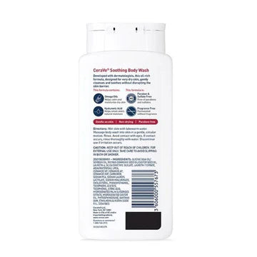 CeraVe Soothing Body Wash bottle placed neatly beside natural skincare essentials and a soft cotton towel

